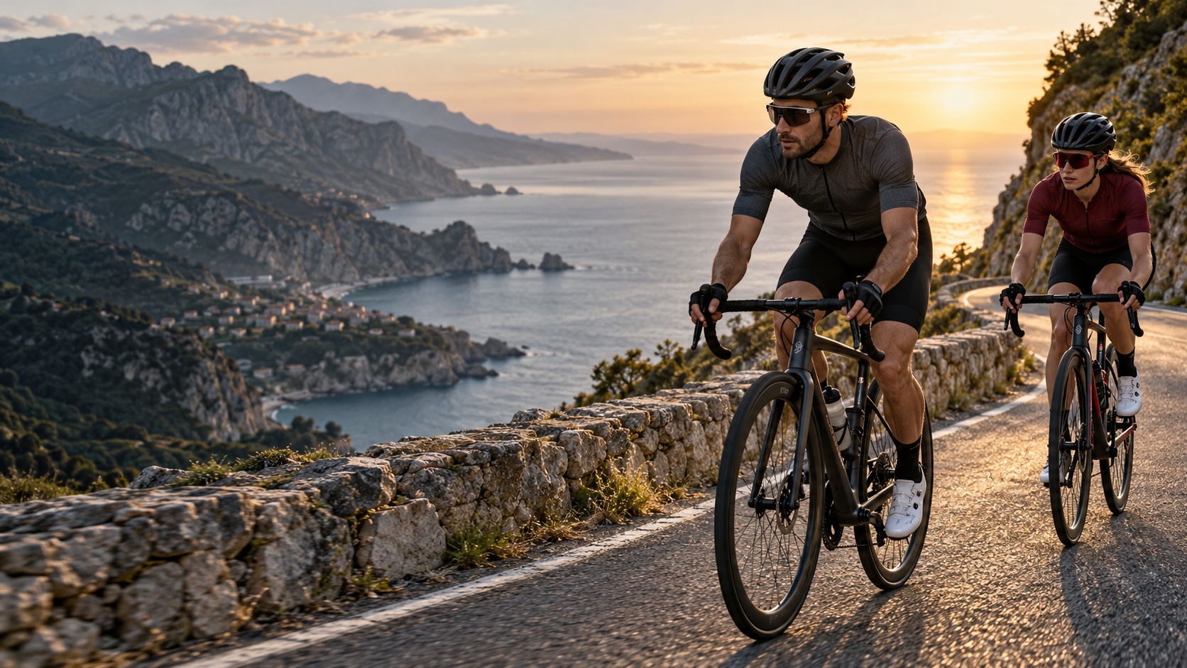 Road cyclists on a coastal mountain road